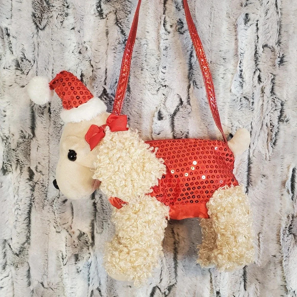 Plush Christmas Dog Purse Red Sequins Beige‎ Tan Poodle Cocker Spaniel Girls